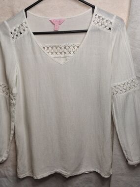 Lilly Pulitzer White Crochet Lace Boho Peasant Blouse Top V-Neck XS EUC Bohemian